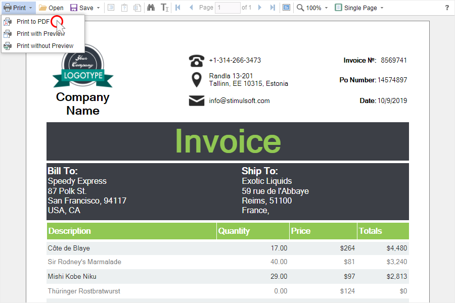 Printing reports from a web browser